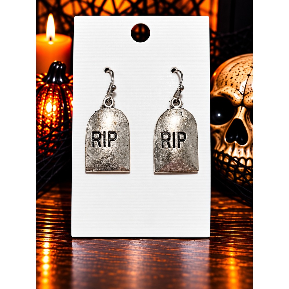 Silver RIP Tombstone Earrings Halloween Gravestone Gothic Dangle Earrings Spooky